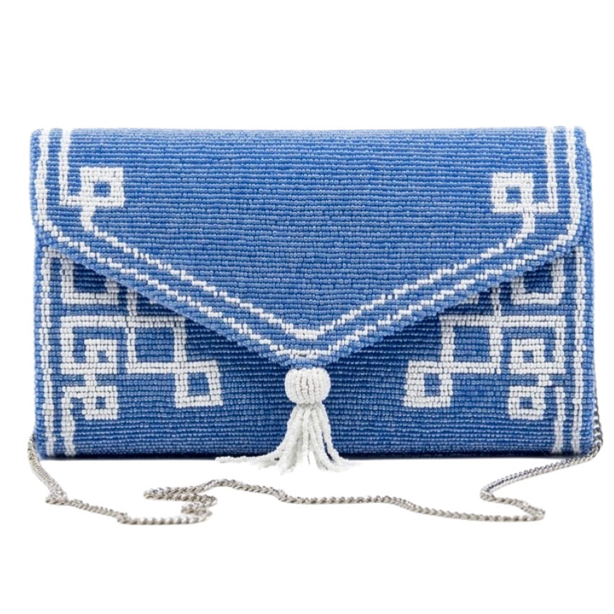 Carolina Blue/White Beaded Tassel Envelope Clutch
