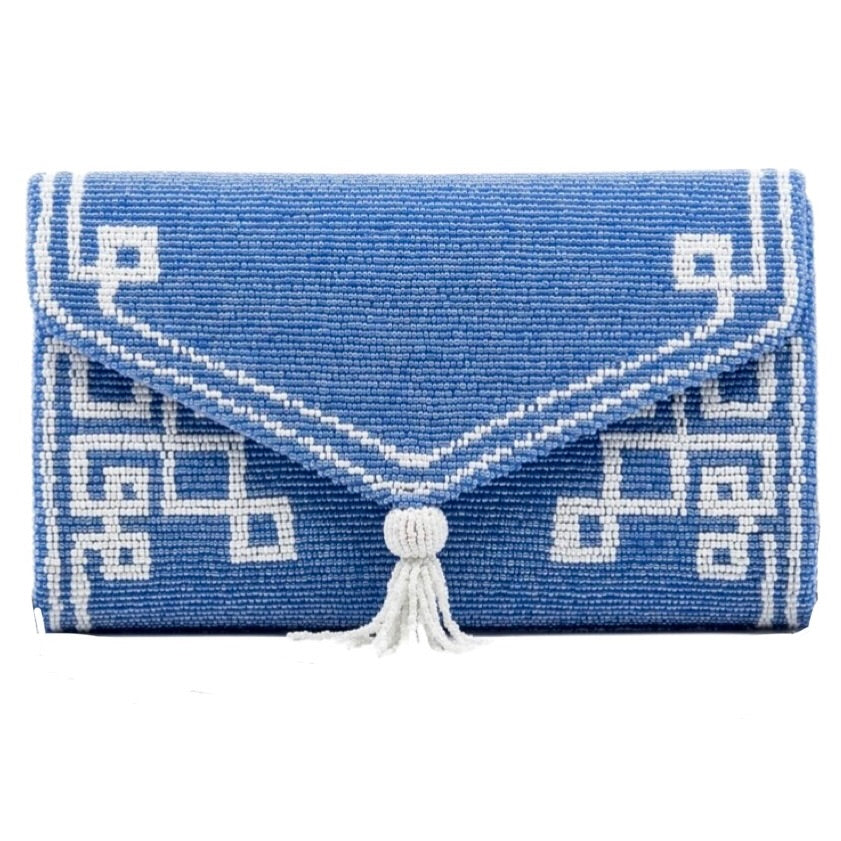 Carolina Blue/White Beaded Tassel Envelope Clutch