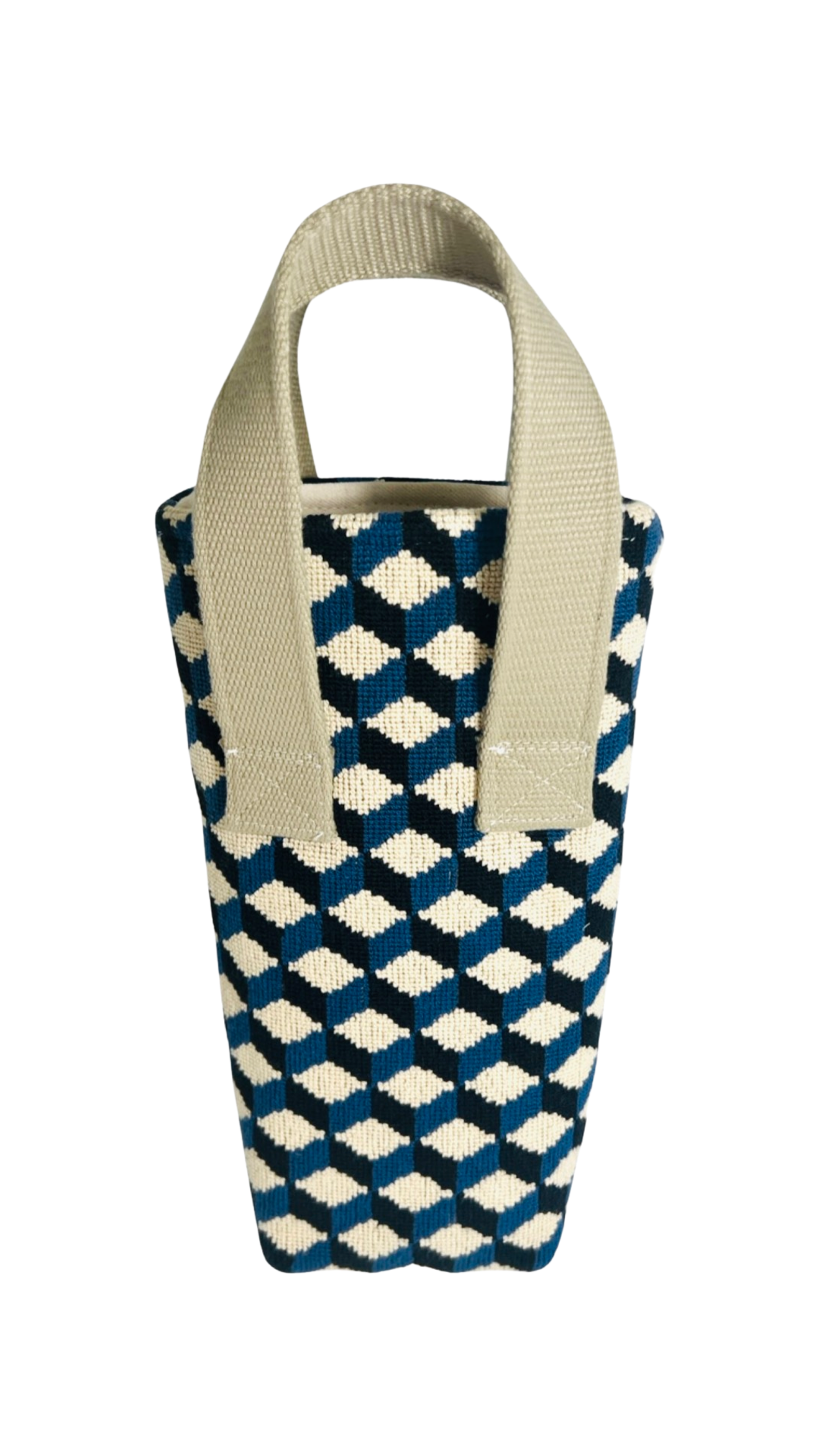 Cobalt Cubed Needlepoint Wine Tote (Single Bottle)