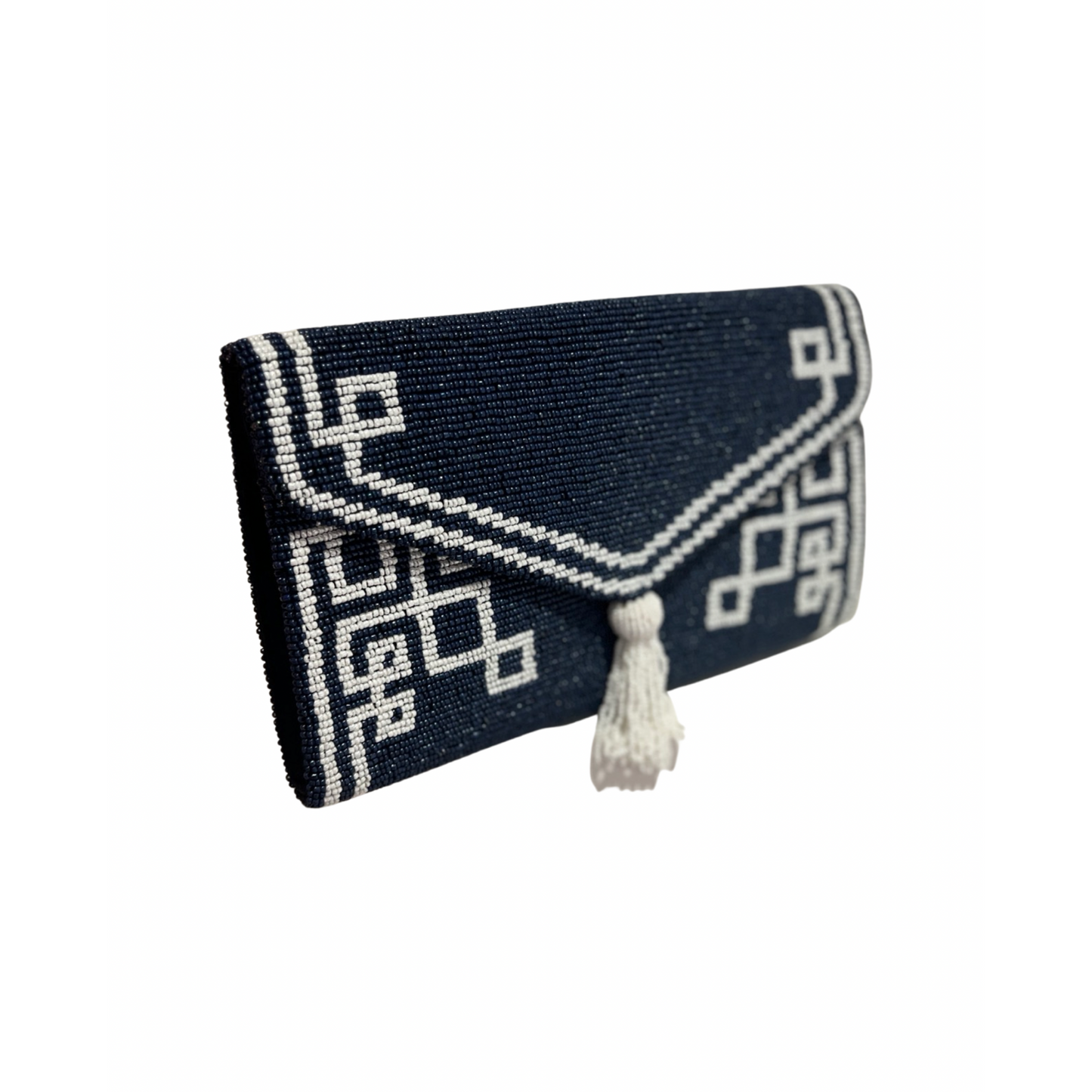 Navy/White Beaded Tassel Envelope Clutch