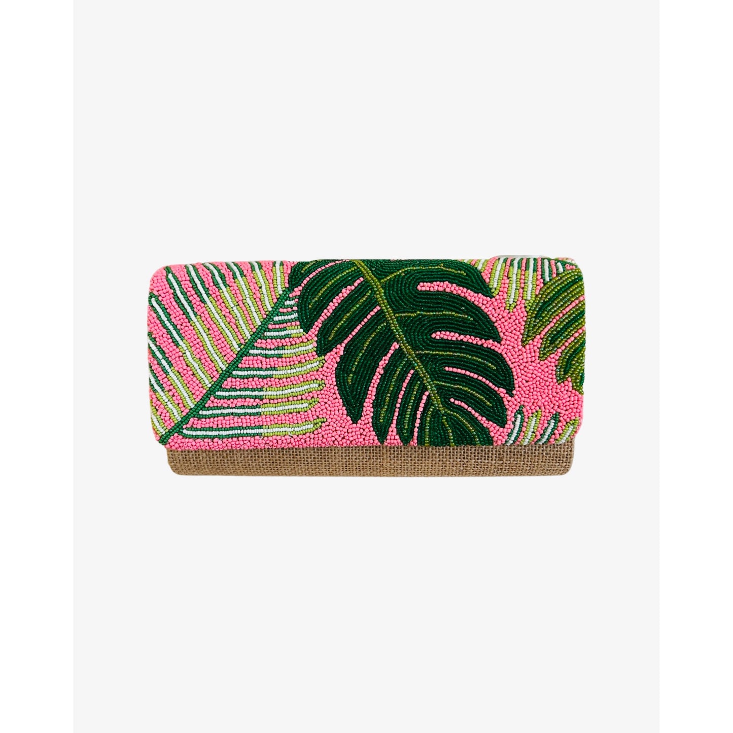 Pink Banana Leaf Beaded Wicker Clutch