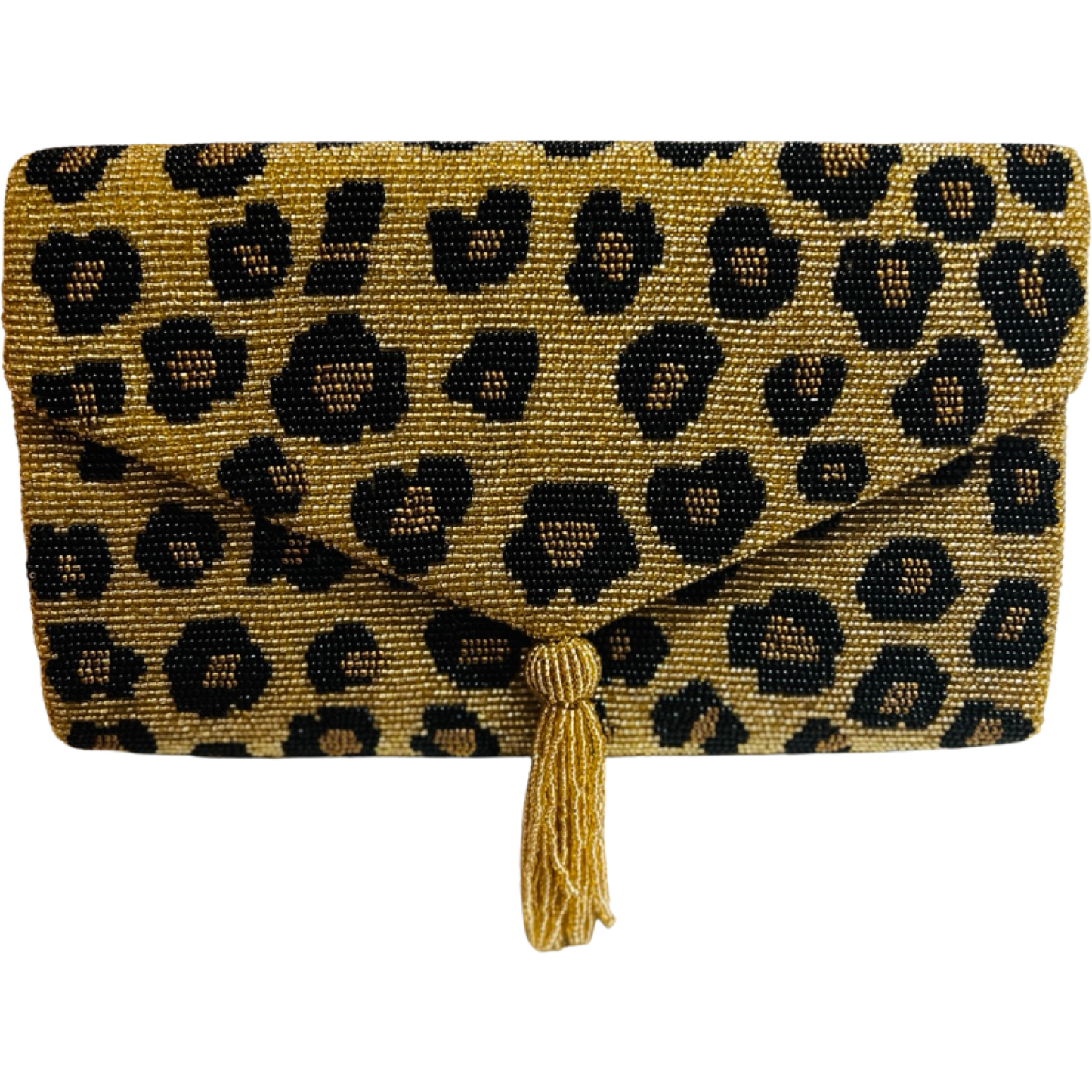 Leopard Beaded Tassel Envelope Clutch