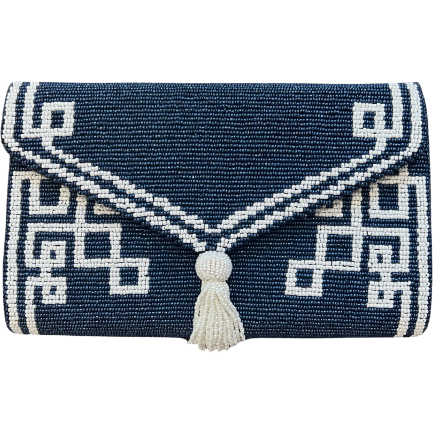 Navy/White Beaded Tassel Envelope Clutch
