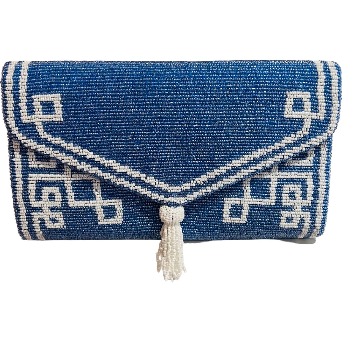 Carolina Blue/White Beaded Tassel Envelope Clutch