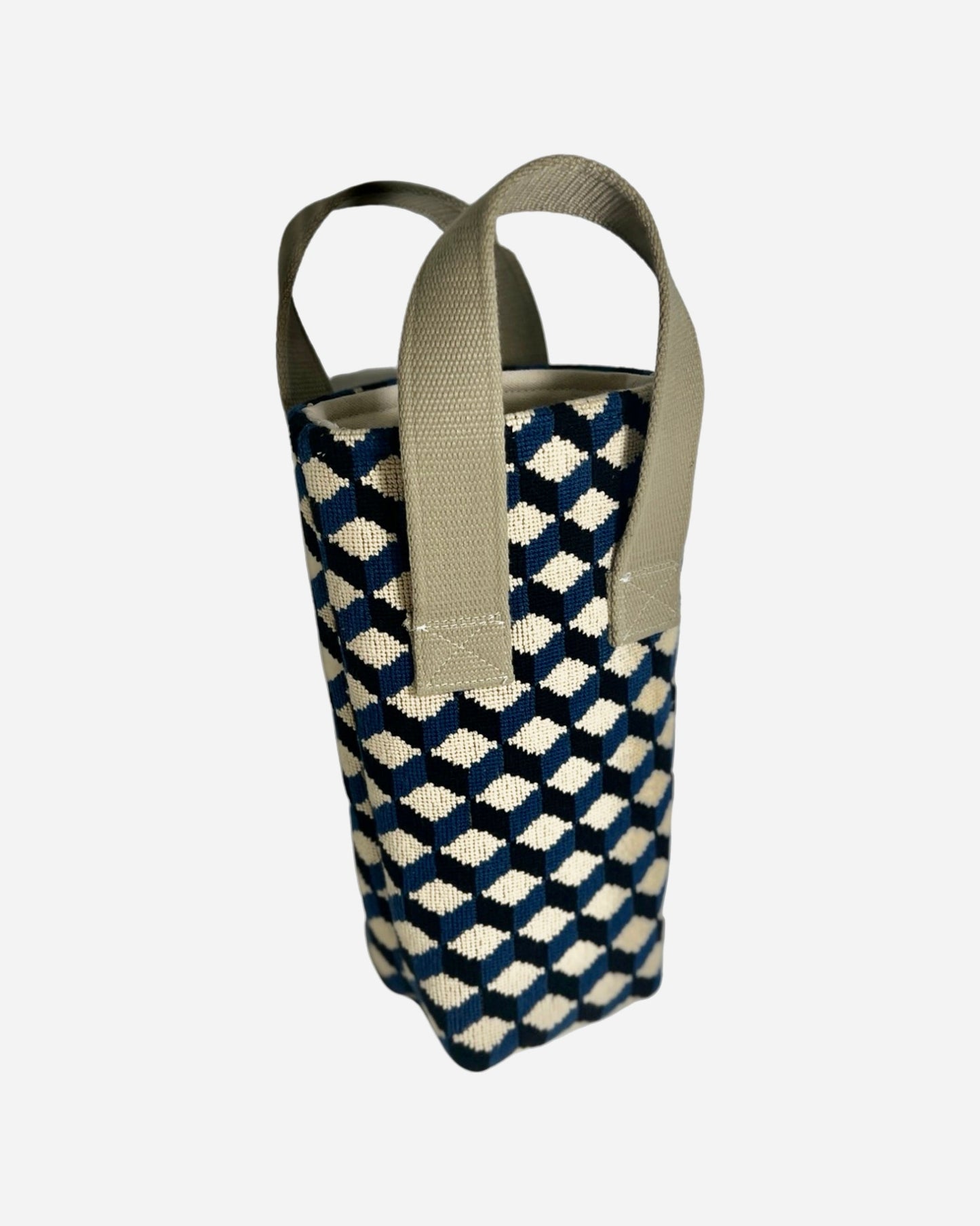 Cobalt Cubed Needlepoint Wine Tote (Single Bottle)