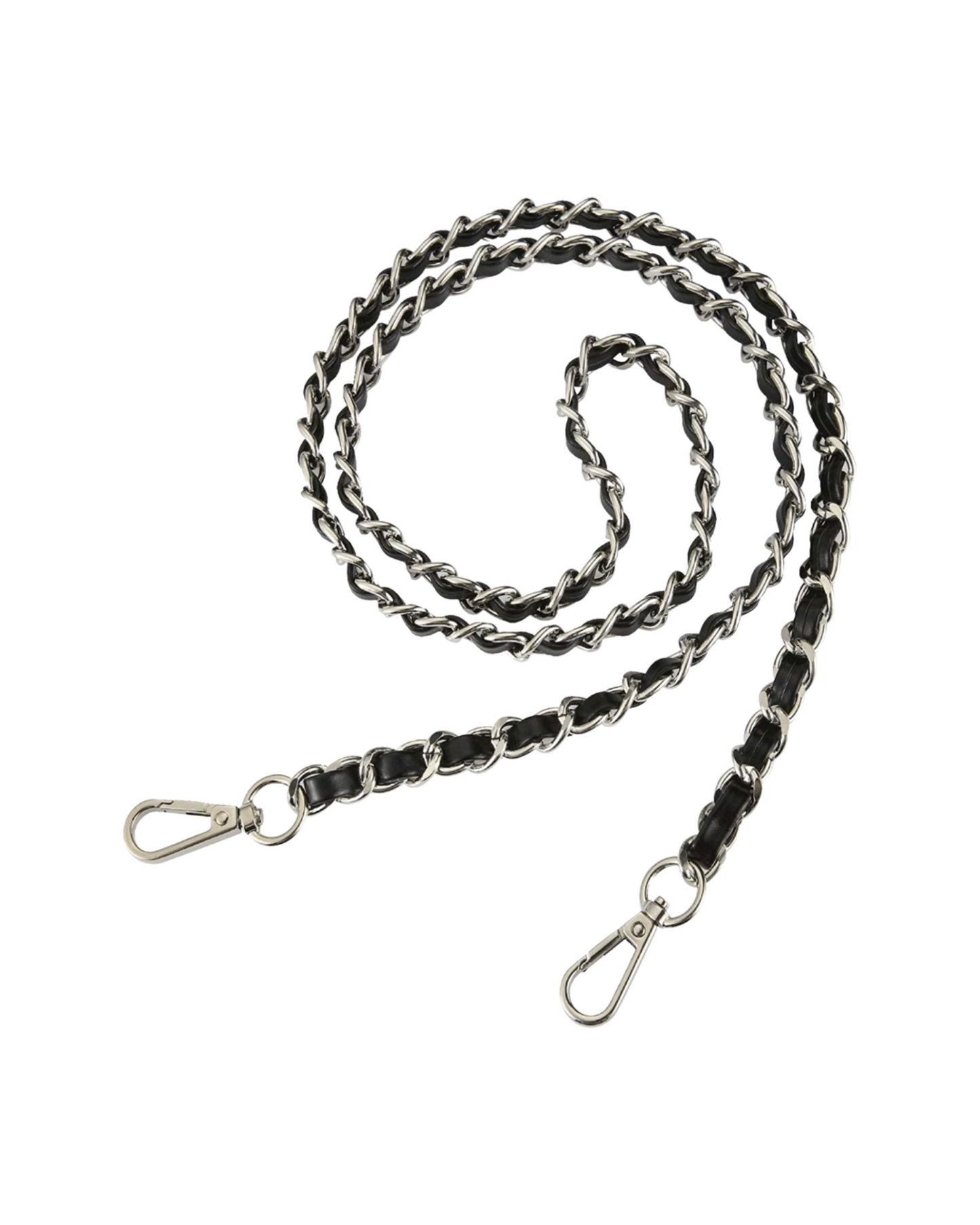 Silver Chain Woven Black Leather Strap
