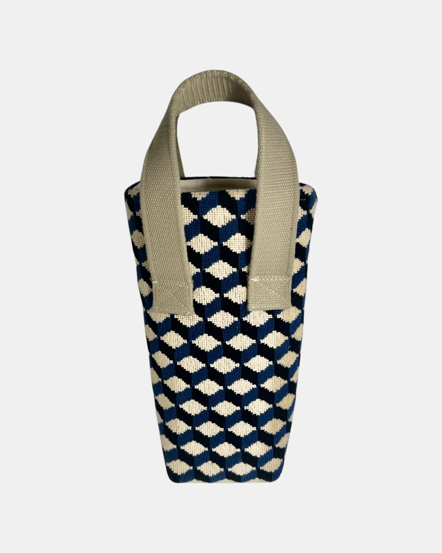 Cobalt Cubed Needlepoint Wine Tote (Single Bottle)