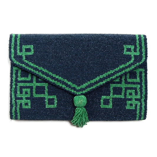 Navy/Green Beaded Tassel Envelope Clutch
