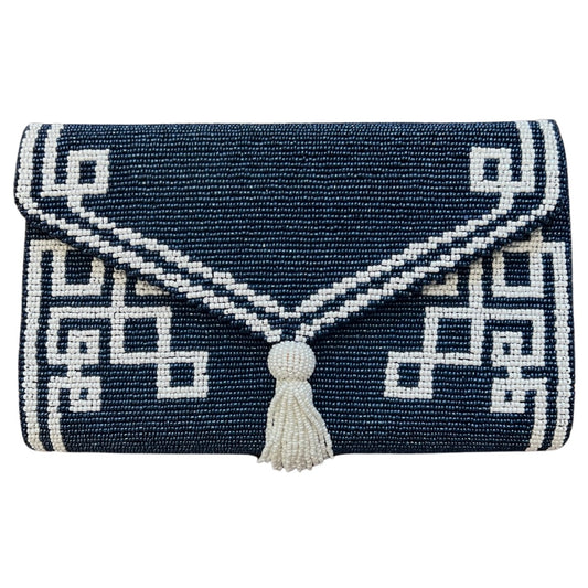 Navy/White Beaded Tassel Envelope Clutch