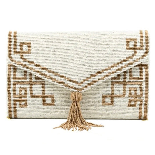 White/Gold Tassel Envelope Clutch