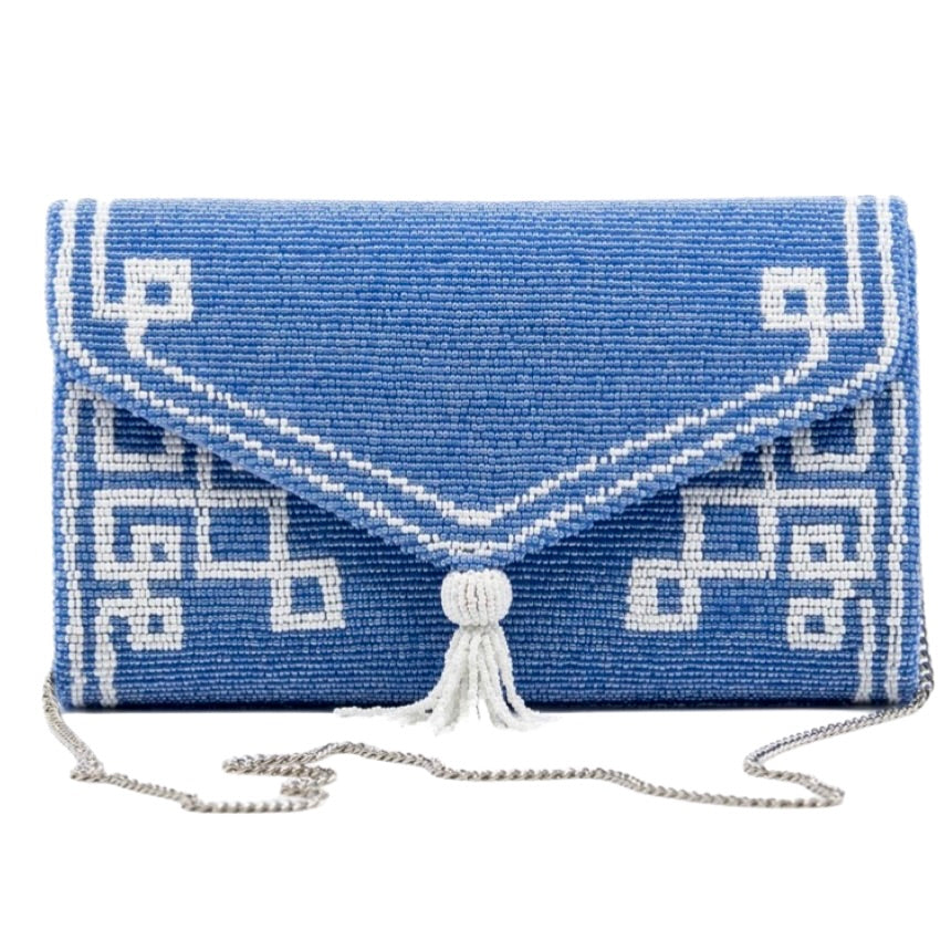 Carolina Blue/White Beaded Tassel Envelope Clutch – KEE Concept and Design
