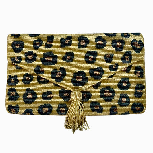 Leopard Beaded Tassel Envelope Clutch