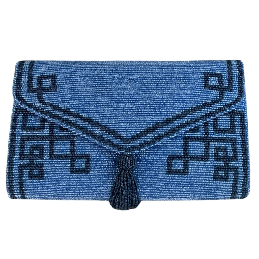 Carolina Blue/Navy Beaded Tassel Envelope Clutch