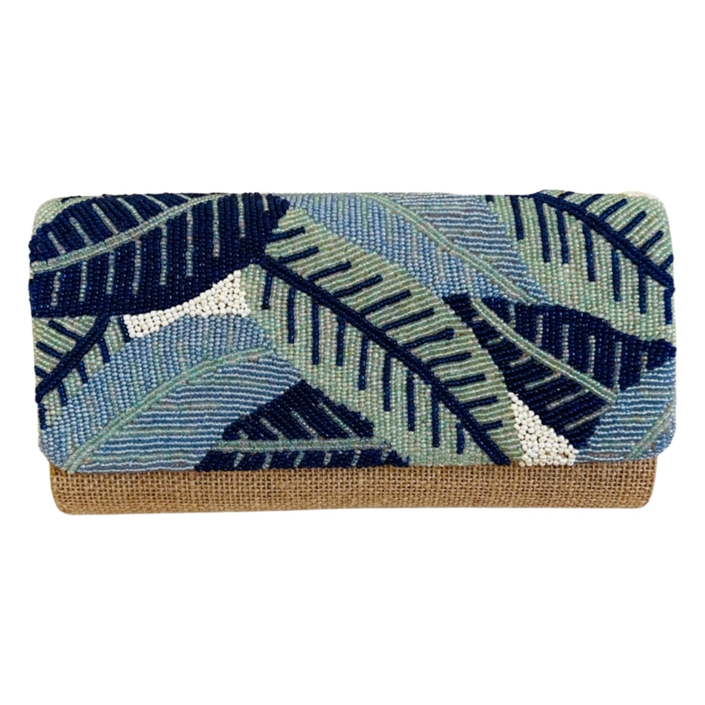 Blue Banana Leaf Beaded Wicker Clutch