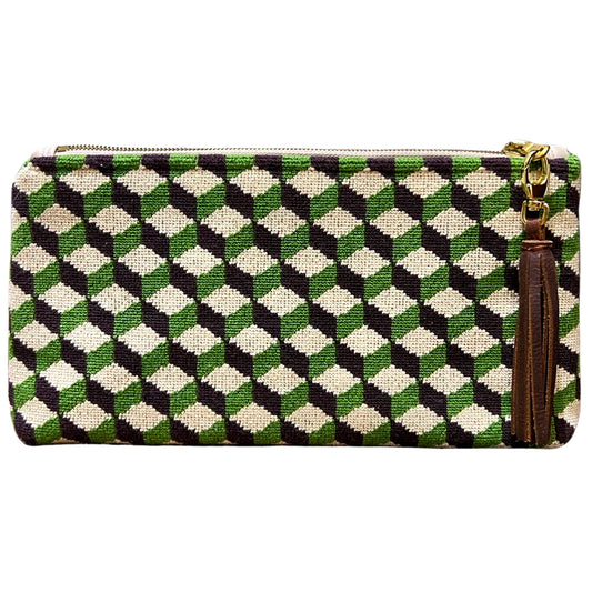 Green Cube Needlepoint Purse XL Clutch