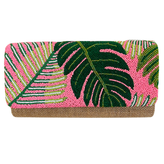 Pink Banana Leaf Beaded Wicker Clutch