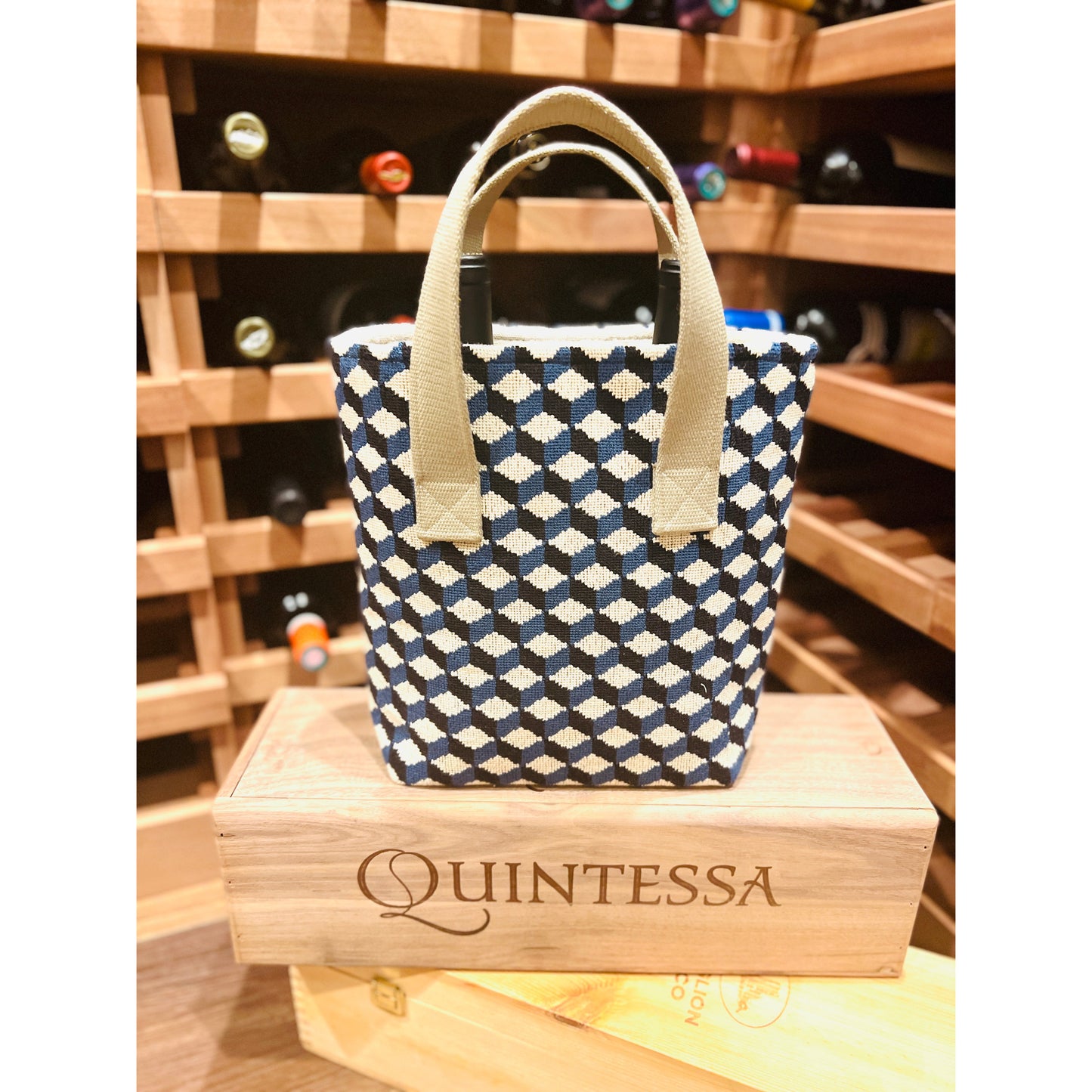 Cobalt Cubed Needlepoint Wine Tote (Double Bottle)