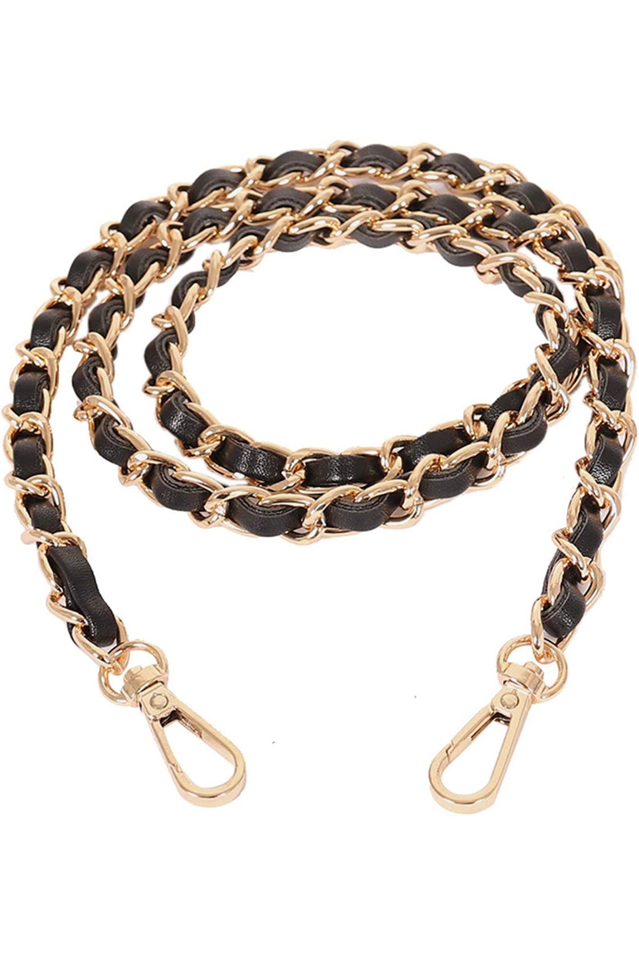 Gold Chain Woven Black Leather Strap