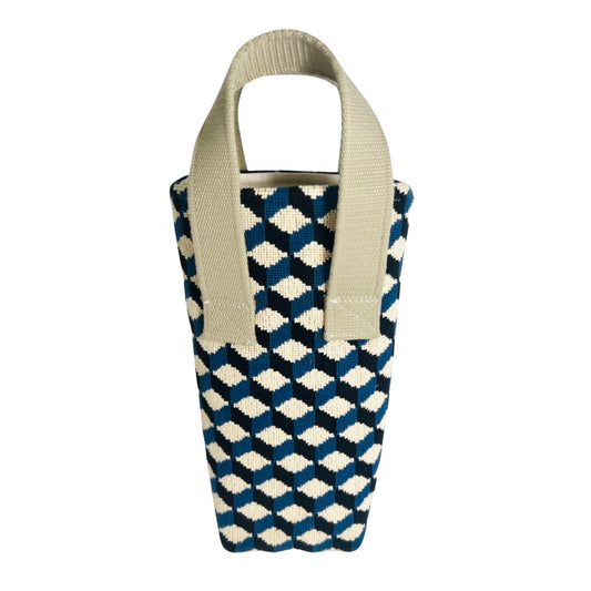 Cobalt Cubed Needlepoint Wine Tote (Single Bottle)