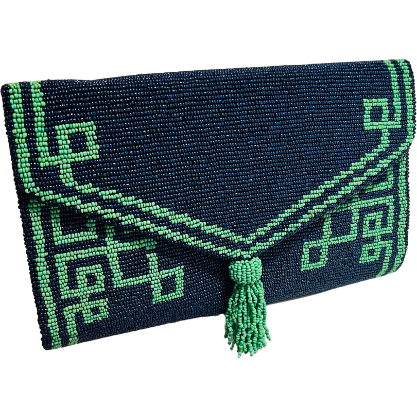 Navy/Green Beaded Tassel Envelope Clutch