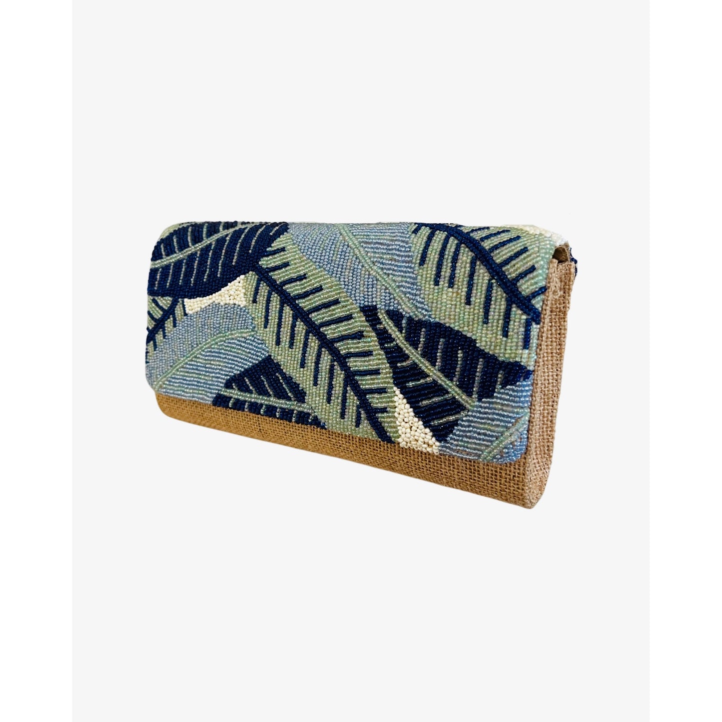 Blue Banana Leaf Beaded Wicker Clutch