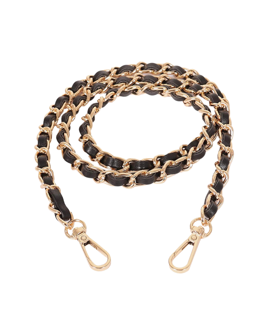 Gold Chain Woven Black Leather Strap